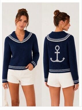 Marled Navy Blue Nautical Anchor Sailor Chunky Knit Cotton Sweater